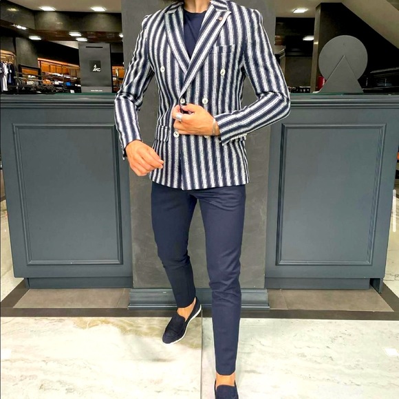 Men's slim fit navy blue stripe double breasted suit